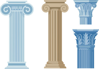 Obraz premium Classical architectural column illustration set featuring Ionic, Doric, Corinthian, and Composite orders, ideal for art history, architecture design, education, and cultural heritage projects.