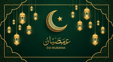 Eid mubarak greeting card with golden lanterns and crescent moon on dark green background © Tanveer