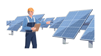 Solar Panel Inspection: An engineer stands amidst a field of solar panels, reviewing plans and ensuring efficient energy production. Capturing the essence of sustainability and innovation © AJM