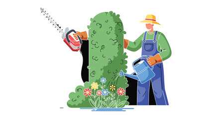 Gardener's Green Oasis: A dedicated gardener cultivates a vibrant display with meticulous care, tending to lush greenery and blossoming flowers. © Ajhar234