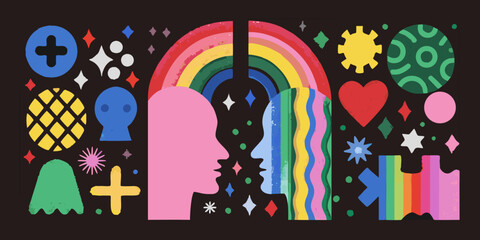 Obraz premium Abstract illustration featuring faces rainbow and geometric shapes on black