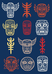 Obraz premium Vector graphic art featuring a collection of ancient tribal masks and mythological symbols with hand-drawn distressed textures, on a dark blue background