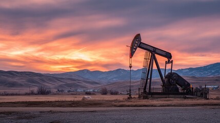 Naklejka premium Desert sunset over an industrial gas well with warm orange glow