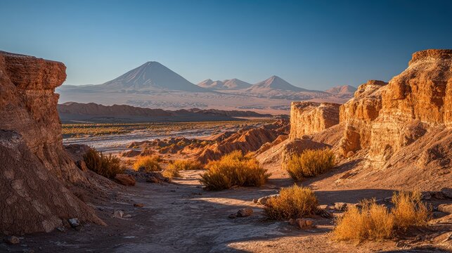 Desert panorama of Catarpe valley with Licancabur volcano on the horizon under a clear blue sky