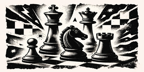 Black chess pieces arranged on a chessboard representing strategy and competition © mahabubmorshed