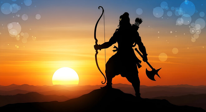 Illustration of lord parshuram with axe and bow for parshuram jayanti.