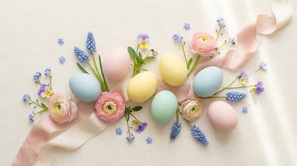 Fototapeta premium Beautiful Pastel Easter Eggs and Spring Flowers with Pink Ribbon on White Background