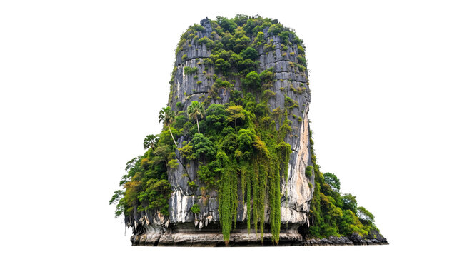 Tropical island rock formation with lush green vegetation and palm trees