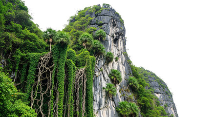 Tropical cliff overgrown jungle vines lush green foliage