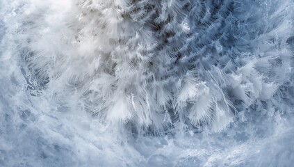 Showing hoarfrost tuft forming on frozen surface outdoors, with needle-like ice crystals