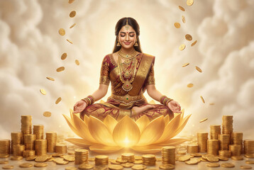 goddess lakshmi sitting on gold lotus on akshay tritiya festival