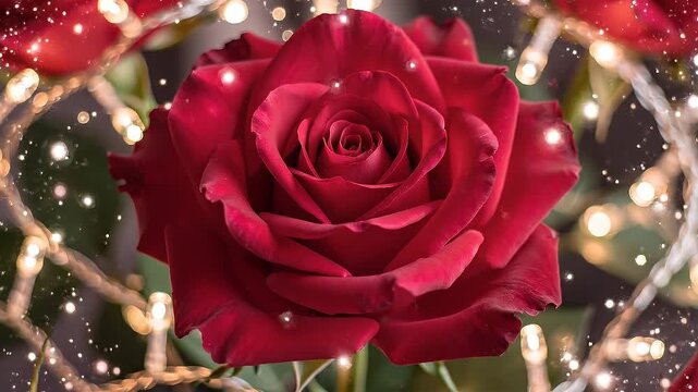 Stunning red rose blossom, a symbol of deep affection, elegantly framed by shimmering bokeh lights, capturing the essence of romance and beauty