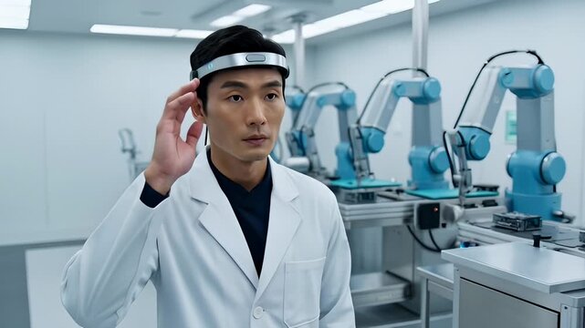 Scientist Wearing Headset Adjusts Device in Futuristic Laboratory With Robotic Arms