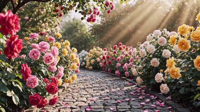 Sunlight filtering through a rose garden path lined with vibrant pink and yellow roses, creating a beautiful natural landscape