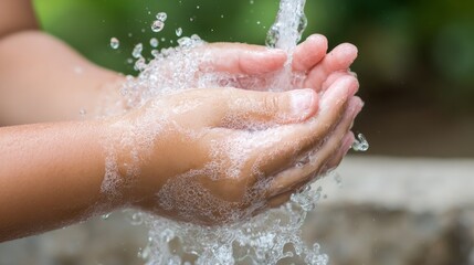 Fototapeta premium Hand washing action outdoor garden hygiene practice natural setting close-up view water conservation concept