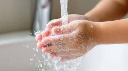 Fototapeta premium Hand washing action demonstration in bathroom hygiene awareness cleanliness indoor close-up view