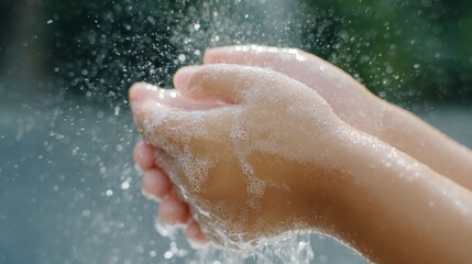 Fototapeta premium Washing hands action outdoor setting close-up image cleanliness concept nature background refreshing environment