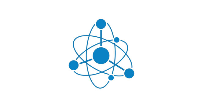 A blue atom symbol with orbiting particles.