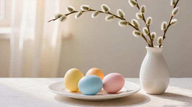 Pastel colored Easter eggs arranged on a white plate beside a ceramic vase with blooming willow branches. Soft natural light creates a calm spring holiday still life.