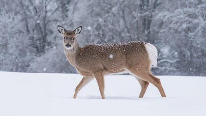 Obraz premium Standing whitetail doe facing camera in deep snow field with falling snowflakes, snow-dusted trees