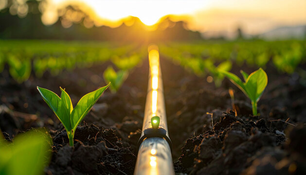 Modern agricultural irrigation system with a black polyethylene pipe in a green field at sunset; concept of smart farming, water management, precision agriculture and sustainability.