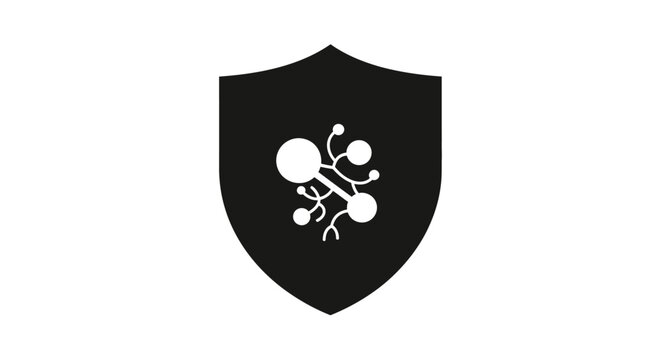 Black shield with white floral emblem.