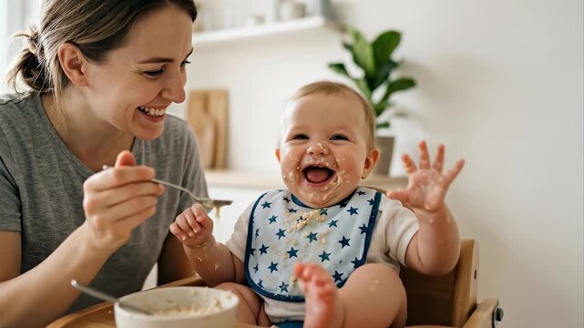 Smiling mother feeding happy messy baby with spoon in high chair in kitchen