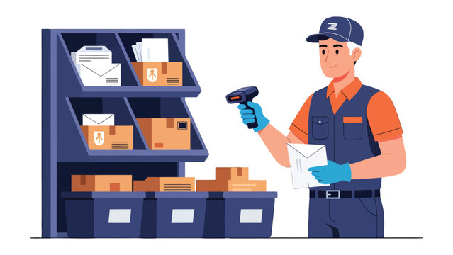 Postal worker with mail scanning: An industrious postal worker, engaged in the important task of sorting and scanning mail items and packages at a post office.