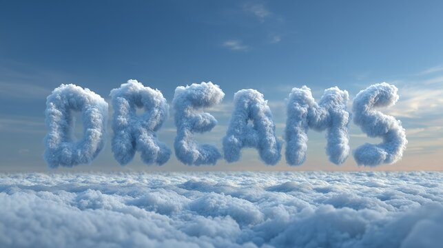 The word DREAM spelled out clearly in fluffy white volumetric clouds, gracefully arching across a serene, gradient blue sky