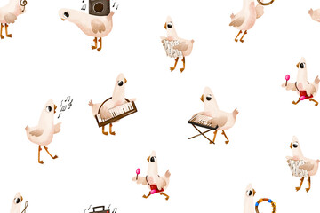 Minimal seamless pattern with scattered musical geese characters. Hand drawn playful birds with instruments. Perfect for nursery fabric, kids wallpaper, wrapping paper, textile and stationery. © Ilona