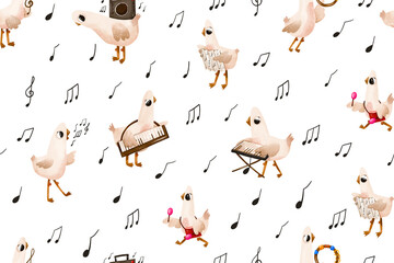 Cute musical geese seamless pattern with instruments and notes. Hand drawn nursery illustration perfect for kids fabric wallpaper wrapping paper textile and baby room decor. © Ilona