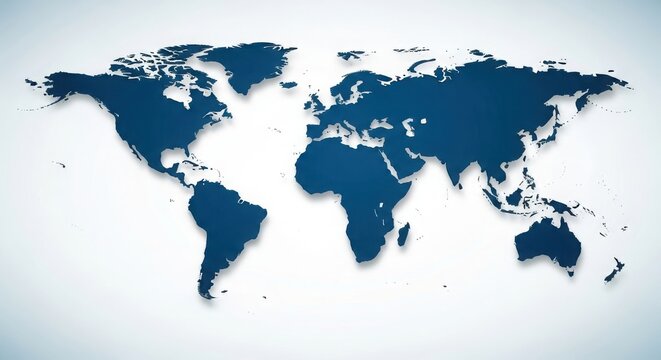 A blue map of the world on a white background. the map is centered and shows all continents. the background is white with a slight gradient.