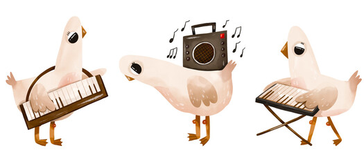 Cute musical geese band with keyboards and radio. Hand drawn whimsical birds playing music. Perfect for nursery wall art, kids apparel, stickers, greeting cards and fabric prints. © Ilona