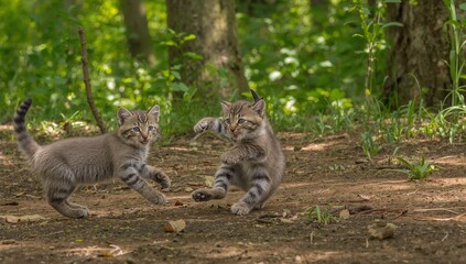 Obraz premium Playing two gray tabby kittens swatting and pouncing on shaded forest floor, with leaf litter