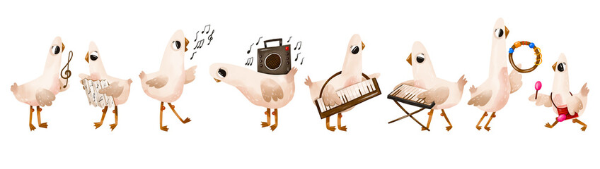 Cute musical geese characters set hand drawn illustration. Whimsical bird musicians playing instruments perfect for nursery wall art kids decor greeting cards stickers fabric prints designs. © Ilona