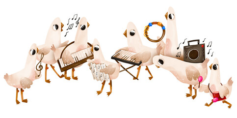 Cute musical geese orchestra playing instruments. Hand drawn whimsical birds band. Perfect for nursery wall decor, children clothing prints, greeting cards, stickers and fabric design. © Ilona