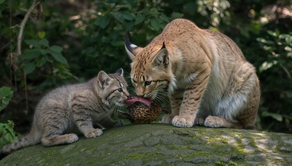 Obraz premium Inspecting adult wildcat and kitten licking brown-spotted seed pod on moss-covered rock in woodland