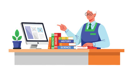 Teacher in Study Room: A teacher stands behind a study table, pointing towards a computer screen showcasing educational content, surrounded by an assortment of books. © mstmahmuda