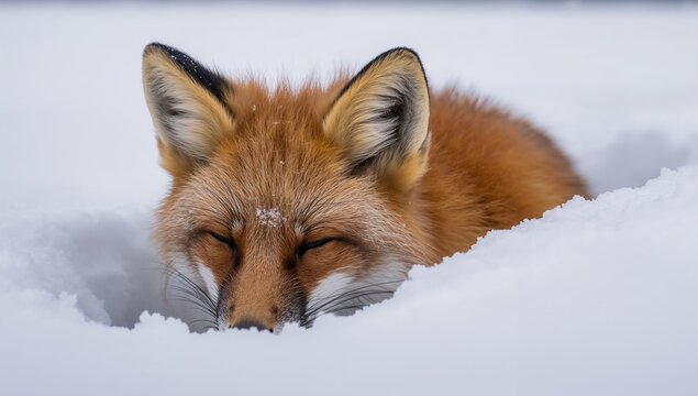 Lying red fox nestling in deep white snow, showing whiskers, black-tipped ears, shallow hollow
