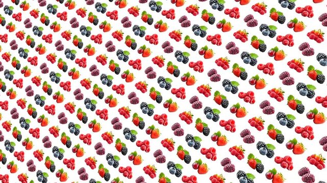 Seamless Pattern Of Colorful Mixed Berries Scattered On White Background With Subtle Movement