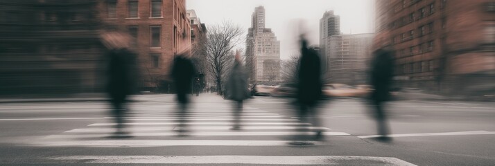 Obraz premium Blurred people crossing busy city street at crosswalk with urban buildings and bare trees in background. Abstract motion blur effect conveys speed and movement in daily city life