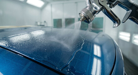 A professional auto body painter uses a high-precision spray gun to apply a glossy clear coat or a fresh layer of blue paint to a car's hood in a modern and clean workshop.