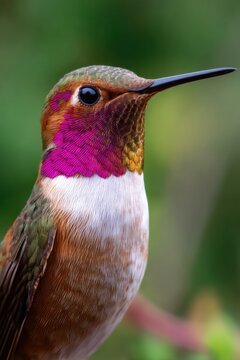 Rufous hummingbird male closeup portrait vibrant gorget iridescent feathers detailed eye beak