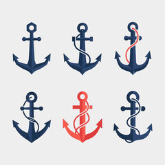 Obraz premium Set of six nautical anchors, blue and red, with ropes, flat design, vector illustration