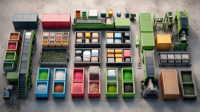 Overview of an industrial sorting facility showing various machinery and containers. It's a top-down perspective on the arrangement, showing containers and machinery