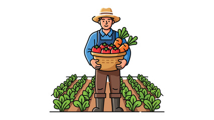 Farmer's Harvest: A dedicated farmer stands proudly amidst his flourishing vegetable garden, holding a bountiful basket of freshly harvested produce. © Abdul