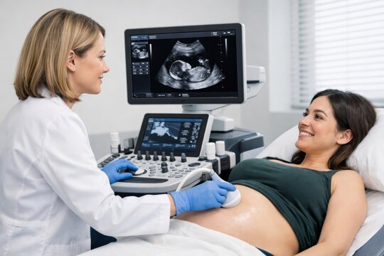 Smiling pregnant woman during ultrasound exam in clinic room. Ai generative
