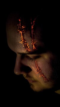 A close-up of dark ritualistic scarification glowing with a faint magical ember light on pale skin, cultist concept