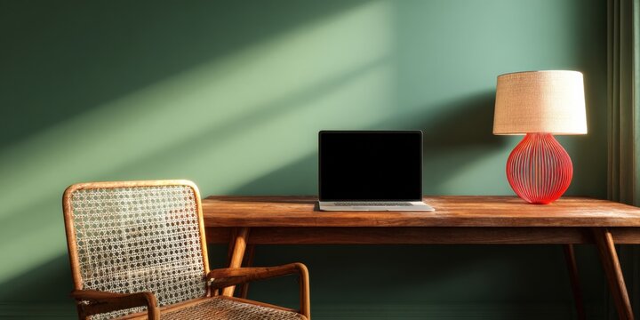 Wooden desk laptop chair lamp sunlight minimalist workspace interior green wall cozy home office setup with cane seat and ceramic lamp