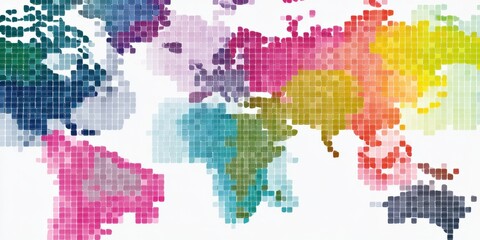 Multicolored pixelated world map mosaic with translucent gradient tiles showing continents and global data visualization in vibrant pastel tones across a white background